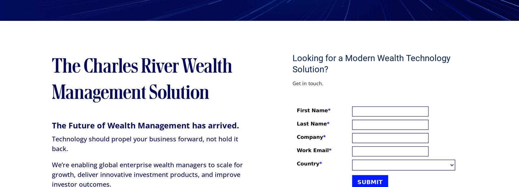 Charles River wealth management page, headed The Charles River Wealth Management Solution, with an enquiry form.