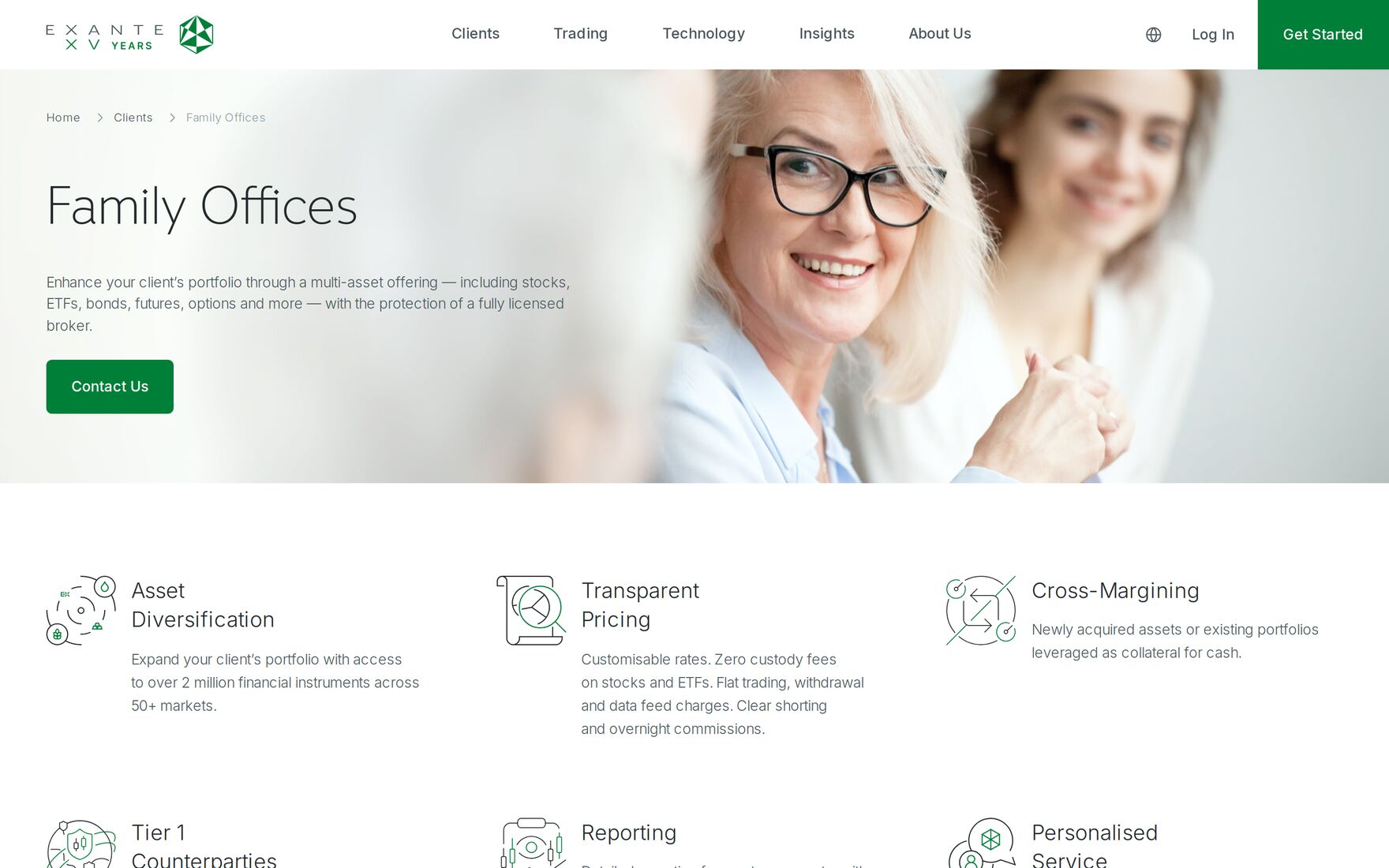EXANTE family offices page, headed Family Offices, listing asset diversification, transparent pricing, cross-margining, Tier 1 counterparties, reporting and personalised service.
