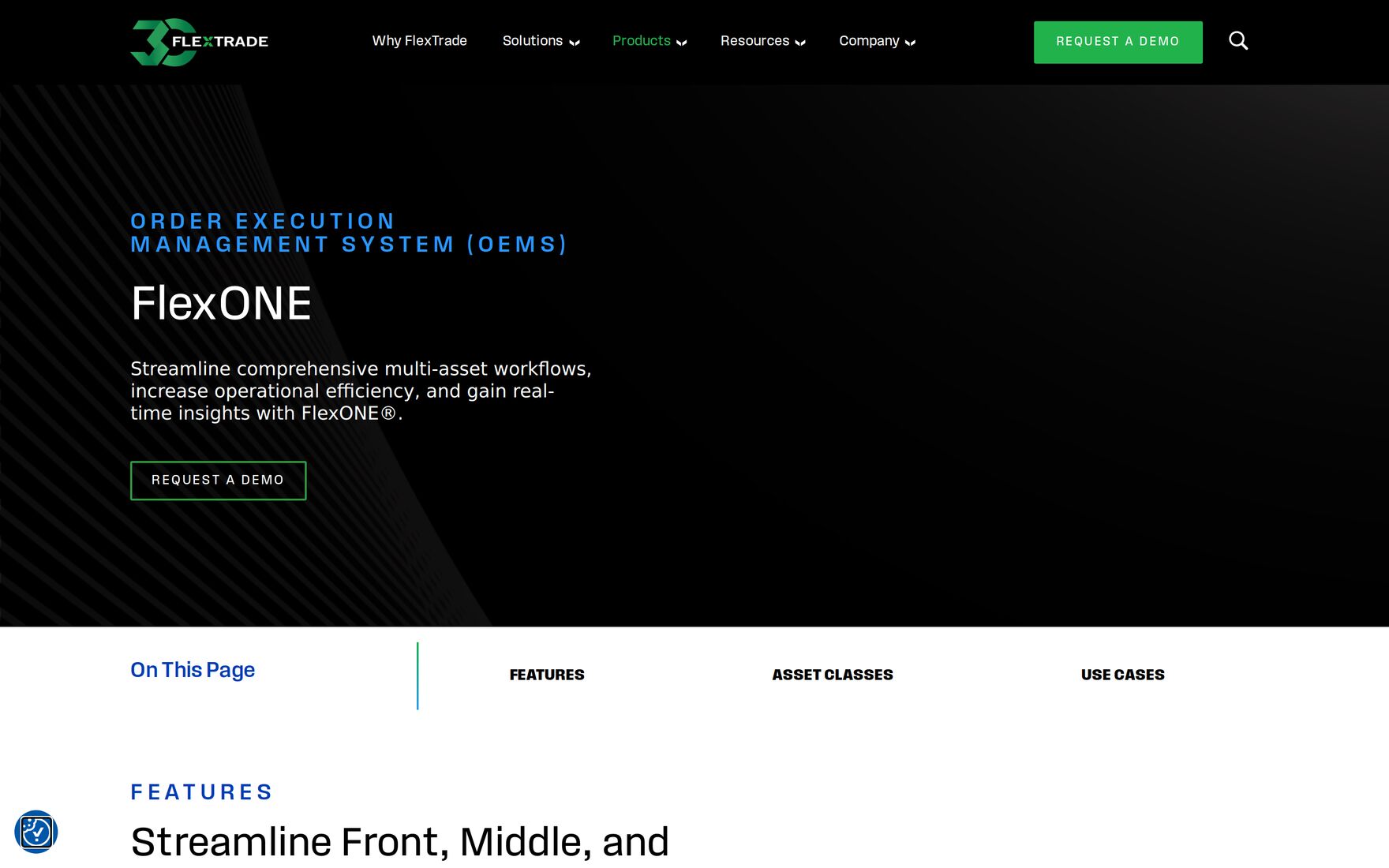 FlexTrade FlexONE page, headed Order Execution Management System, describing multi-asset workflows and real-time insights.