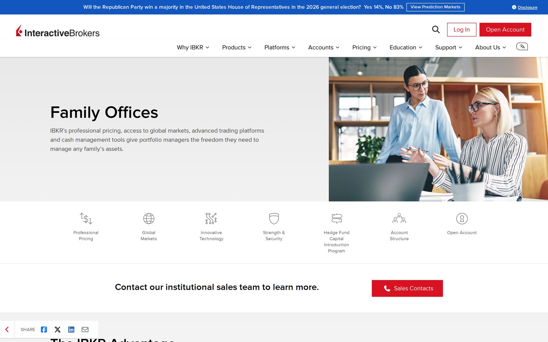 Interactive Brokers family office page, headed Family Offices, describing professional pricing, global market access and cash management tools.