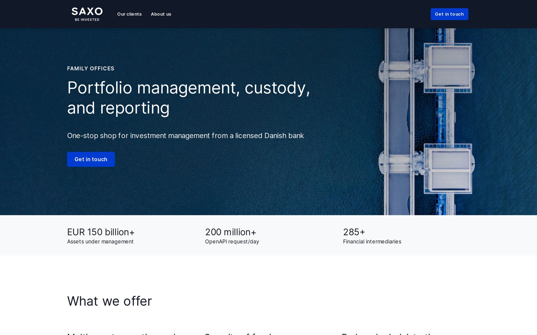 Saxo family offices page, headed Portfolio management, custody, and reporting, with figures for assets under management and financial intermediaries.